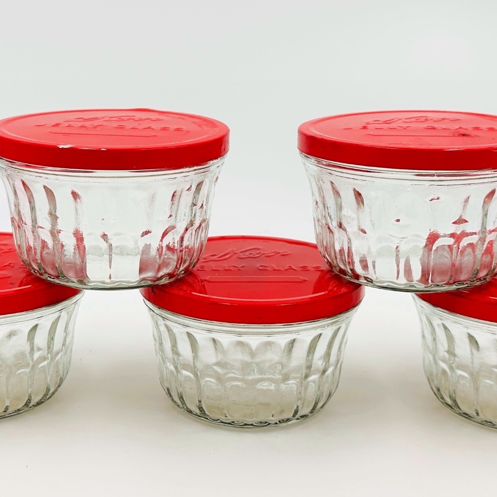 Kerr Glass Jelly Jam Jars Embossed Push On Tin Metal Lids Set of 5